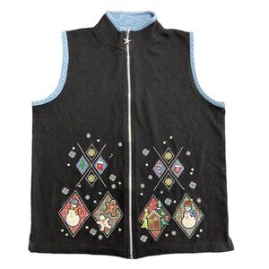 Vintage Christmas Ugly‎ Sweater Vest Black Sequin Embroidered Holiday Snowflake